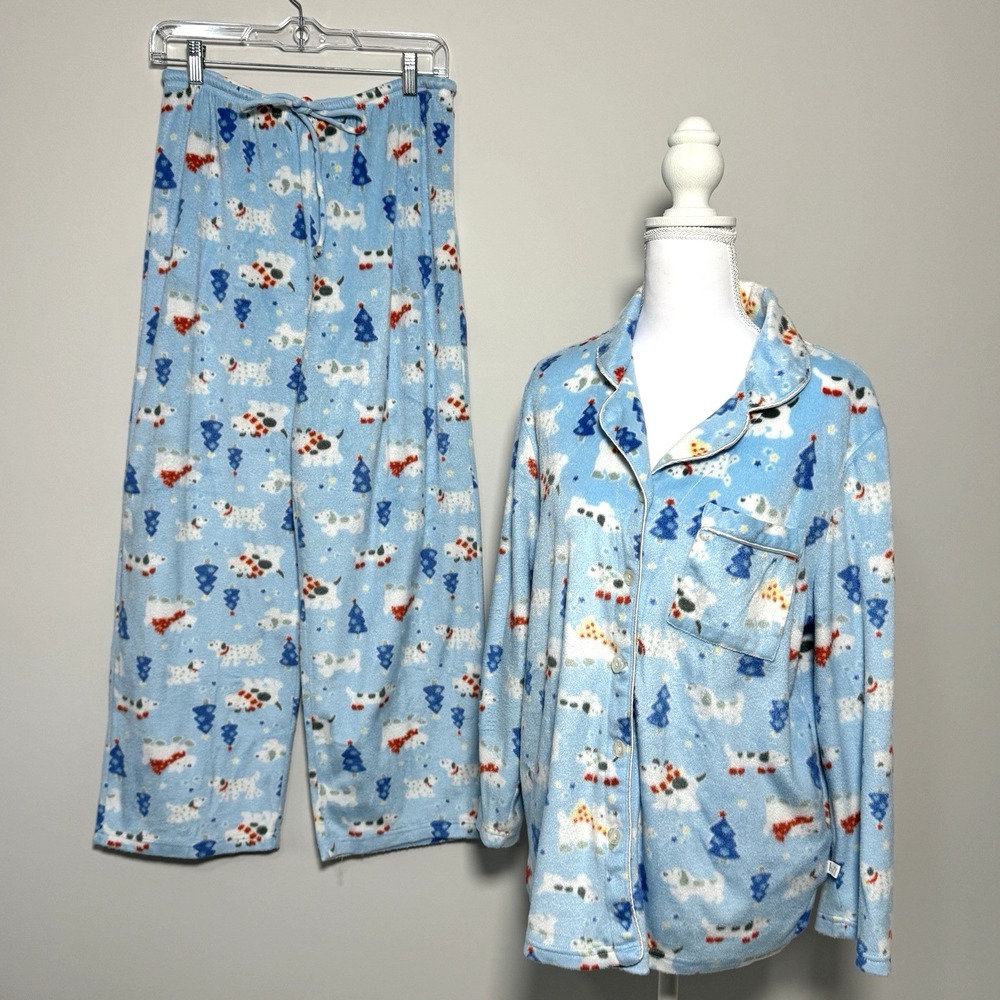 Karen Neuburger Encore Blue Dog Print Fleece Pajamas Holiday Cozycore Set Size M